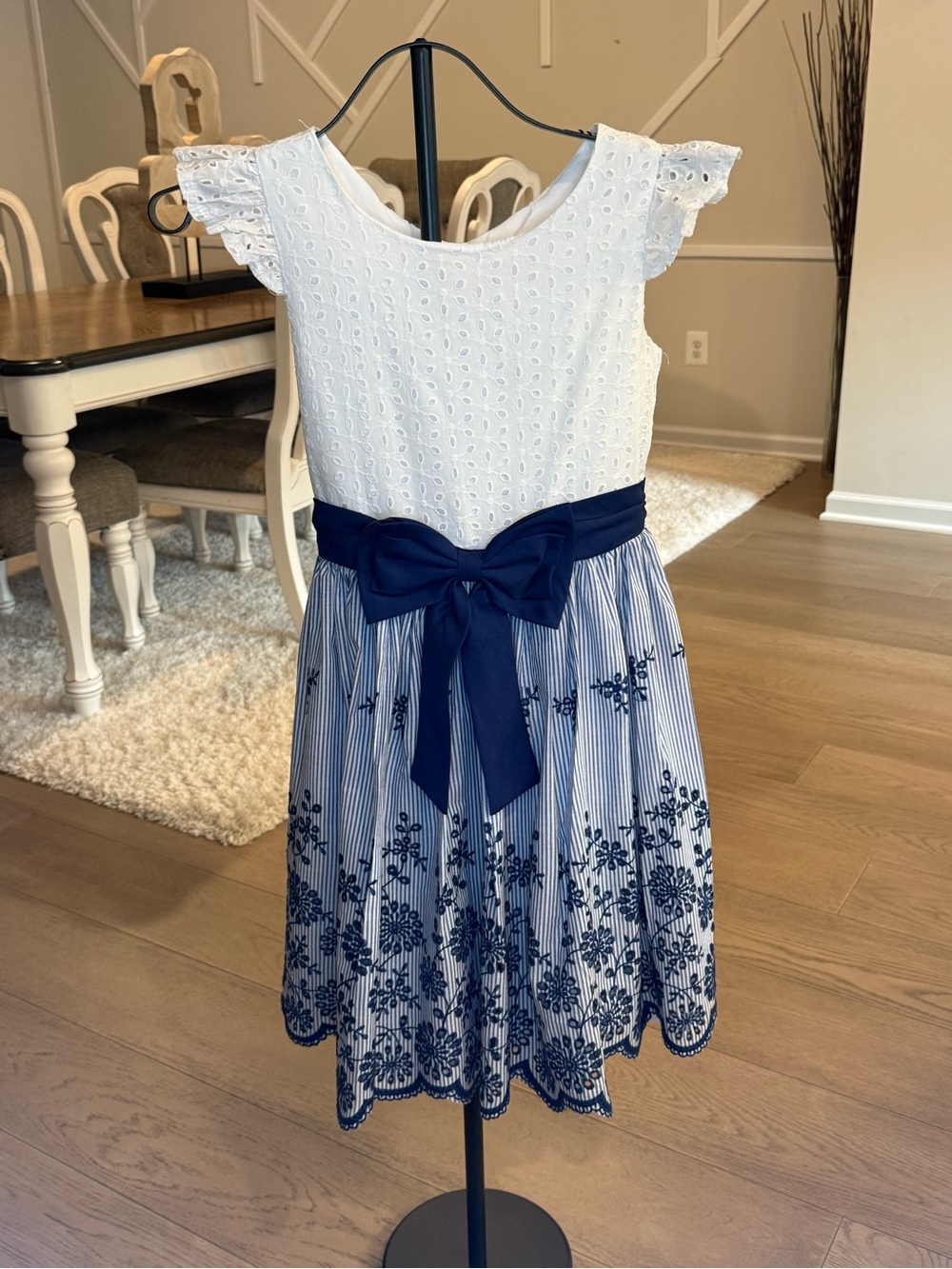 Rare Editions White Eyelet Dress with Navy Bow and Embroidered Skirt